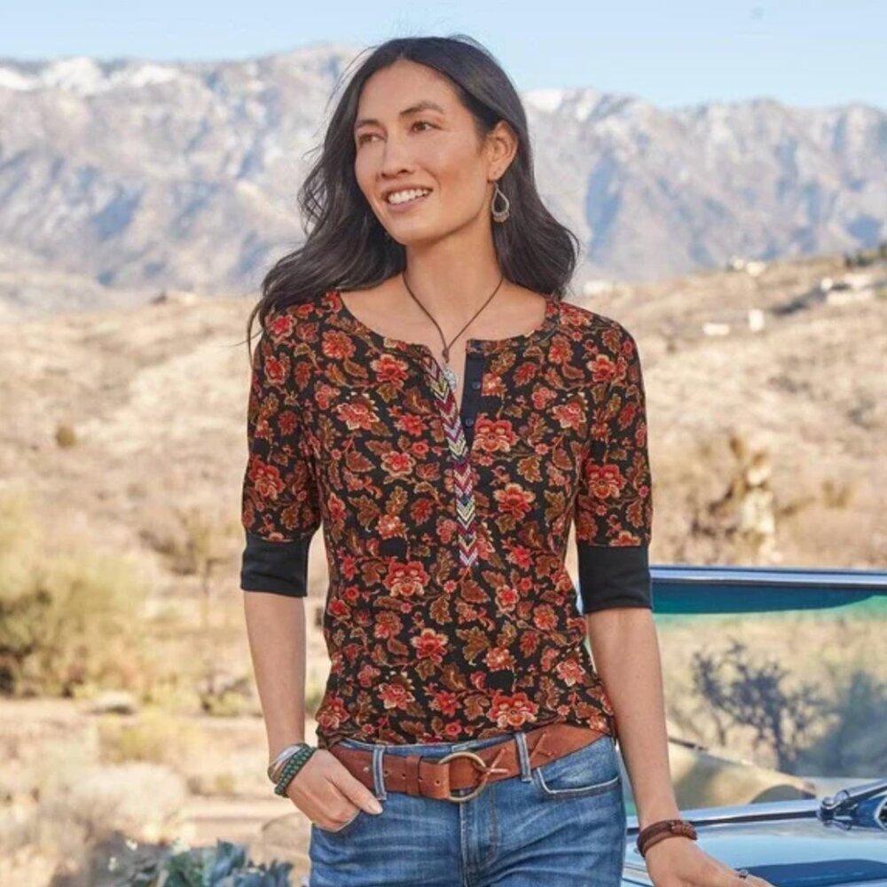 Sundance Cordelia Bloom Floral Thermal Cotton Henley Top